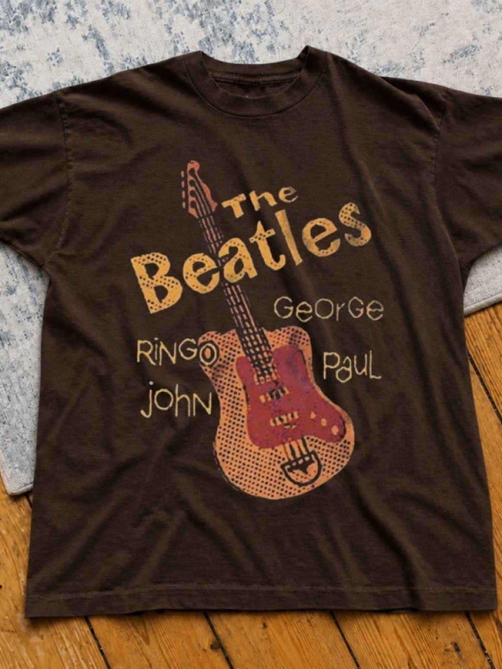 Gildan Brown Beatles Graphic Tee with Yellow and Red Guitar